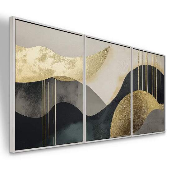 Trio de Quadros Autoral Abstrato dourado, preto e branco