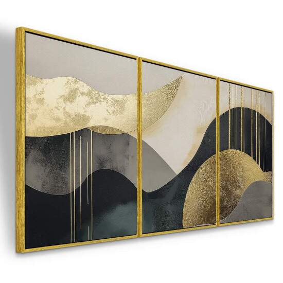 Trio de Quadros Autoral Abstrato dourado, preto e branco