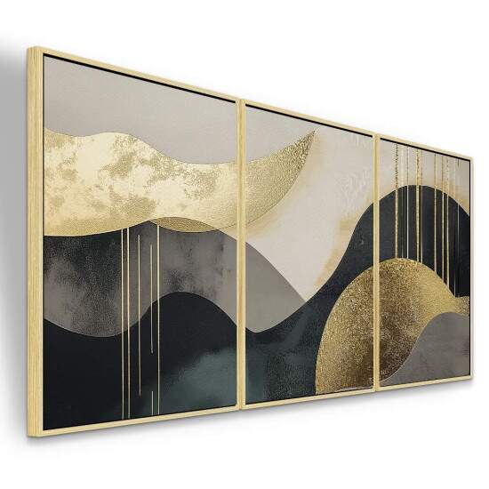 Trio de Quadros Autoral Abstrato dourado, preto e branco