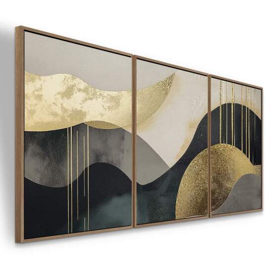 Trio de Quadros Autoral Abstrato dourado, preto e branco