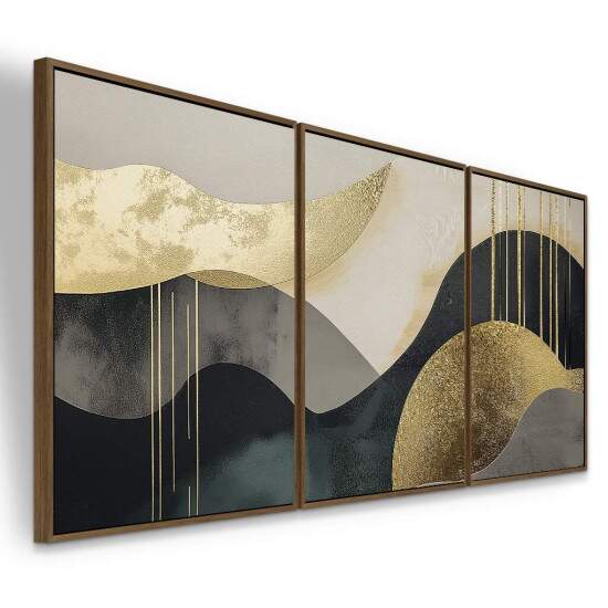 Trio de Quadros Autoral Abstrato dourado, preto e branco
