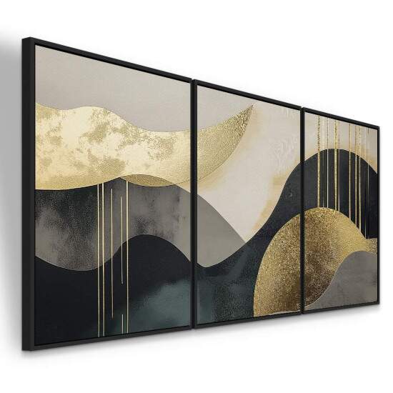 Trio de Quadros Autoral Abstrato dourado, preto e branco