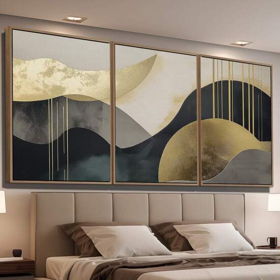 Trio de Quadros Autoral Abstrato dourado, preto e branco