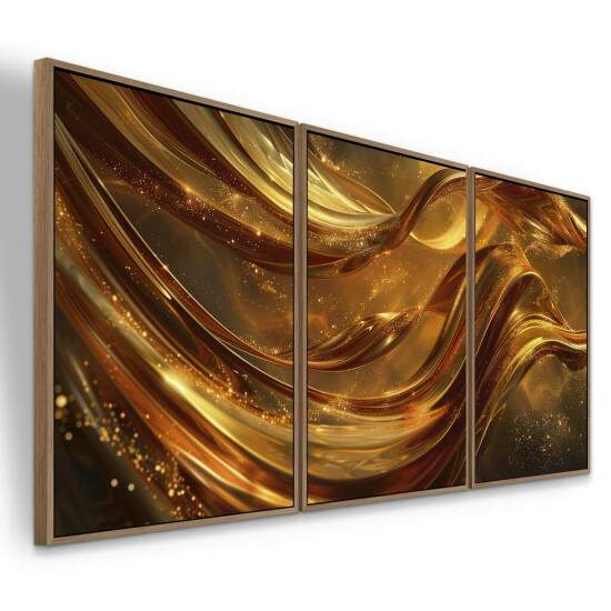 Trio de Quadros Abstrato Luxuoso Brilho em Ondas Douradas