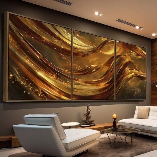 Trio de Quadros Abstrato Luxuoso Brilho em Ondas Douradas