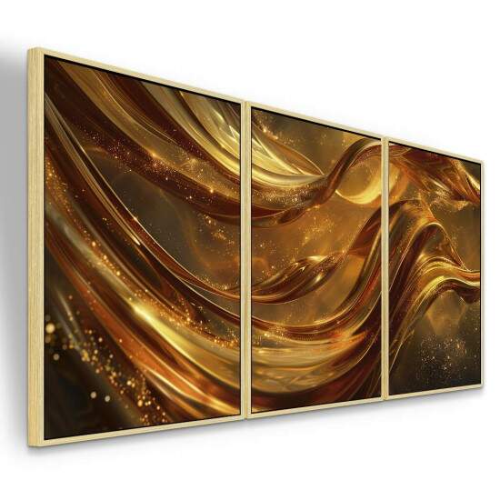 Trio de Quadros Abstrato Luxuoso Brilho em Ondas Douradas