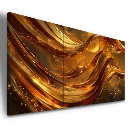 Trio de Quadros Abstrato Luxuoso Brilho em Ondas Douradas