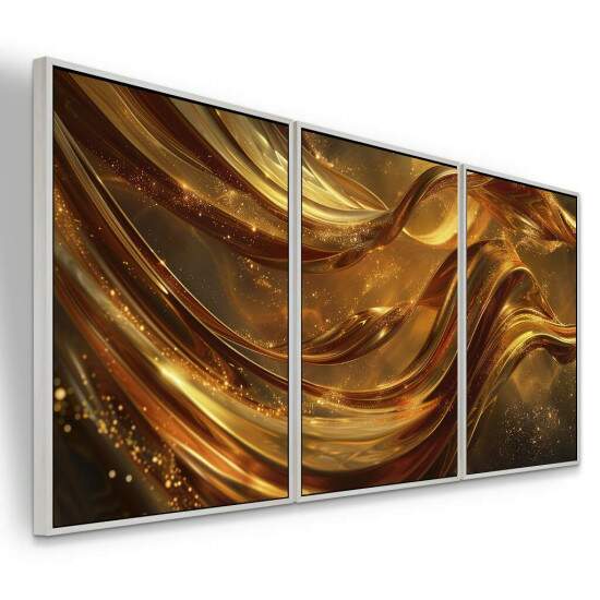 Trio de Quadros Abstrato Luxuoso Brilho em Ondas Douradas