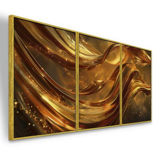 Trio de Quadros Abstrato Luxuoso Brilho em Ondas Douradas