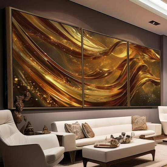Trio de Quadros Abstrato Luxuoso Brilho em Ondas Douradas