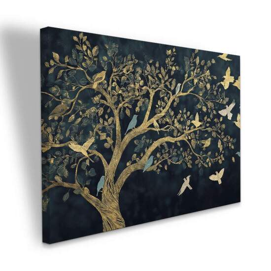 Quadro rvore com Pssaros Dourados em Fundo Escuro Arte de Natureza