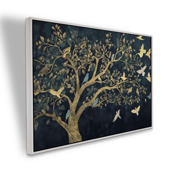 Quadro rvore com Pssaros Dourados em Fundo Escuro Arte de Natureza