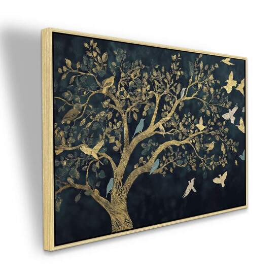 Quadro rvore com Pssaros Dourados em Fundo Escuro Arte de Natureza