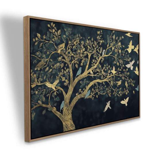 Quadro rvore com Pssaros Dourados em Fundo Escuro Arte de Natureza