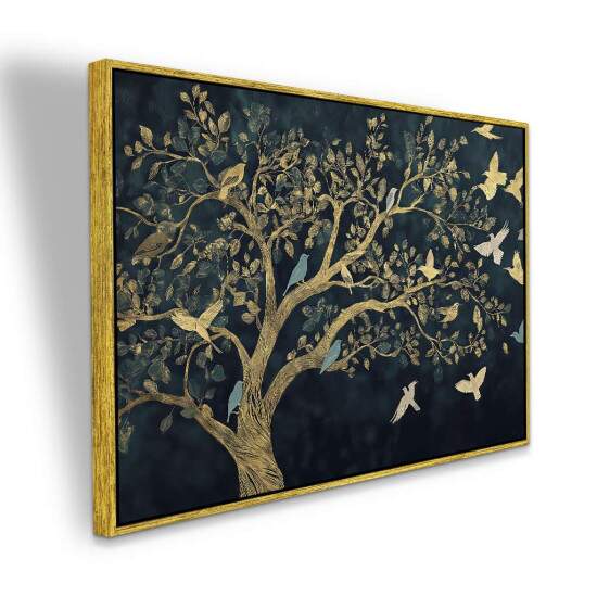 Quadro rvore com Pssaros Dourados em Fundo Escuro Arte de Natureza