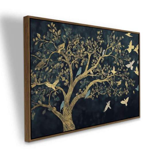 Quadro rvore com Pssaros Dourados em Fundo Escuro Arte de Natureza