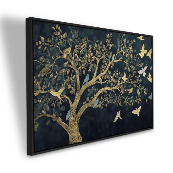 Quadro rvore com Pssaros Dourados em Fundo Escuro Arte de Natureza