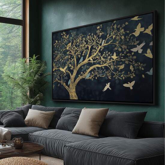 Quadro rvore com Pssaros Dourados em Fundo Escuro Arte de Natureza