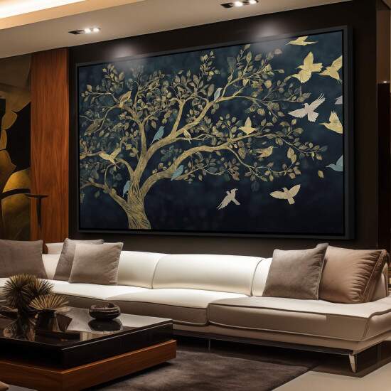 Quadro rvore com Pssaros Dourados em Fundo Escuro Arte de Natureza