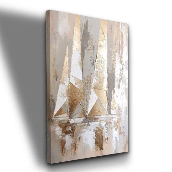 Quadro Pintura Barco a Vela Abstrato Arte Moderna Neutros e Dourados