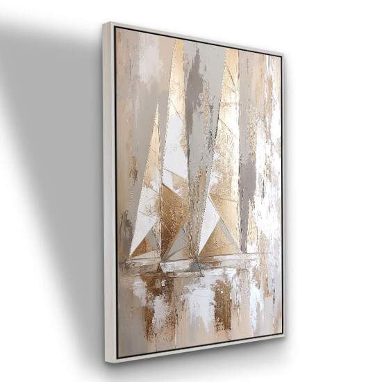 Quadro Pintura Barco a Vela Abstrato Arte Moderna Neutros e Dourados