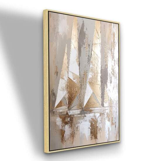 Quadro Pintura Barco a Vela Abstrato Arte Moderna Neutros e Dourados