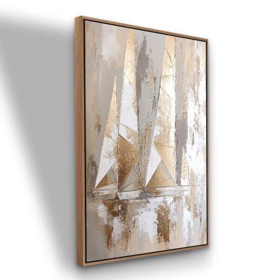 Quadro Pintura Barco a Vela Abstrato Arte Moderna Neutros e Dourados