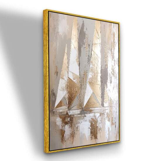 Quadro Pintura Barco a Vela Abstrato Arte Moderna Neutros e Dourados