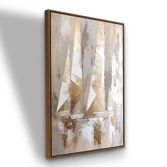Quadro Pintura Barco a Vela Abstrato Arte Moderna Neutros e Dourados