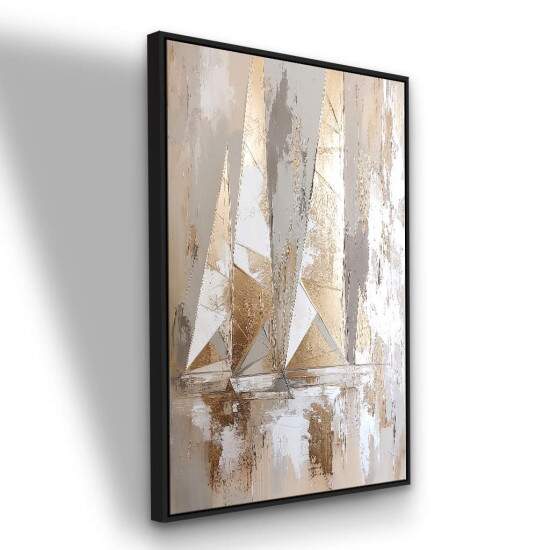Quadro Pintura Barco a Vela Abstrato Arte Moderna Neutros e Dourados