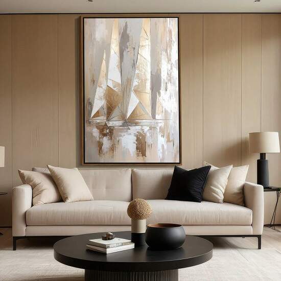 Quadro Pintura Barco a Vela Abstrato Arte Moderna Neutros e Dourados