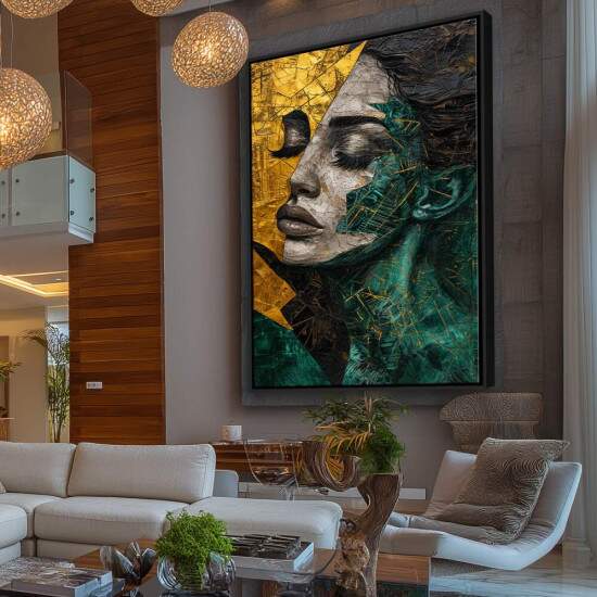 Quadro Quadro Abstrato Feminino - Arte Contempornea com Tons de Verde e Dourado