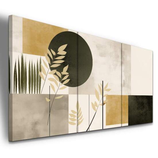 Trio de Quadros Abstrato Geomtrico Cinza e Mostarda com Folhagens Bege