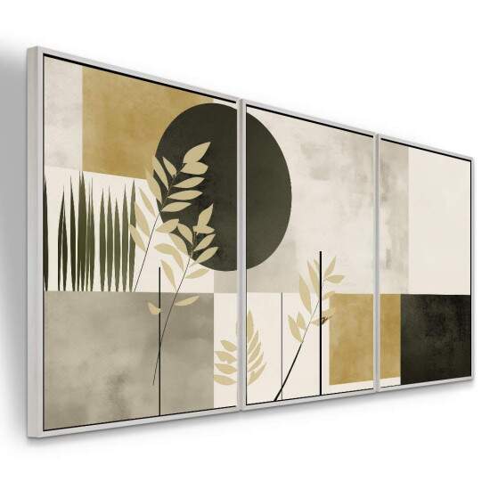Trio de Quadros Abstrato Geomtrico Cinza e Mostarda com Folhagens Bege