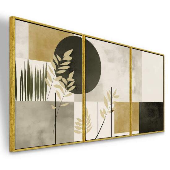 Trio de Quadros Abstrato Geomtrico Cinza e Mostarda com Folhagens Bege