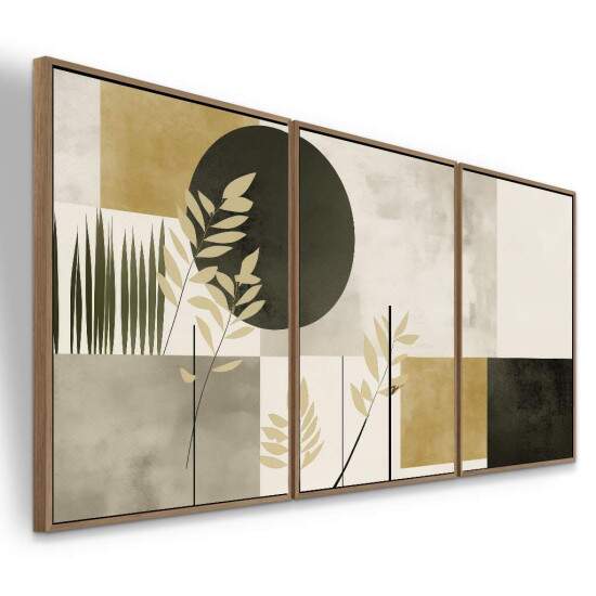 Trio de Quadros Abstrato Geomtrico Cinza e Mostarda com Folhagens Bege