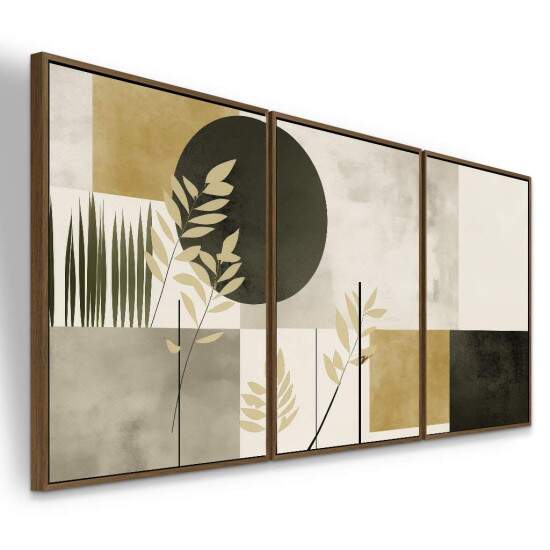 Trio de Quadros Abstrato Geomtrico Cinza e Mostarda com Folhagens Bege