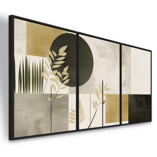 Trio de Quadros Abstrato Geomtrico Cinza e Mostarda com Folhagens Bege