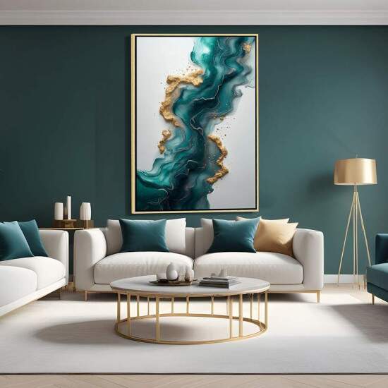 Quadro Abstrato Verde Esmeralda Efeito Mrmore Dourado Moderno