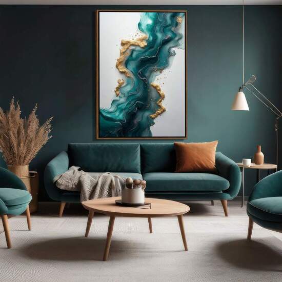 Quadro Abstrato Verde Esmeralda Efeito Mrmore Dourado Moderno