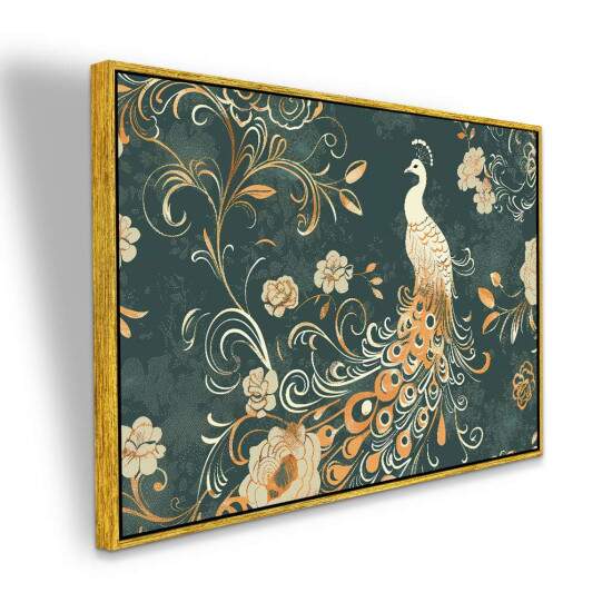 Quadro Arte Pavo Elegante com Flores e Arabescos em Dourado