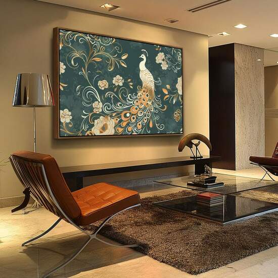 Quadro Arte Pavo Elegante com Flores e Arabescos em Dourado