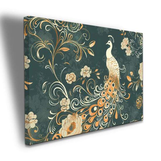 Quadro Arte Pavo Elegante com Flores e Arabescos em Dourado