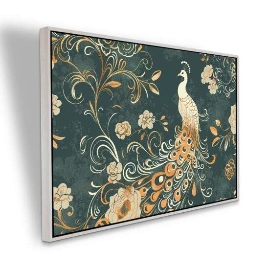 Quadro Arte Pavo Elegante com Flores e Arabescos em Dourado