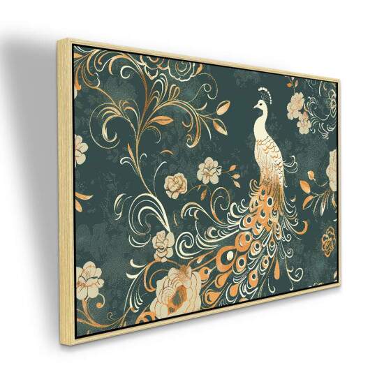 Quadro Arte Pavo Elegante com Flores e Arabescos em Dourado