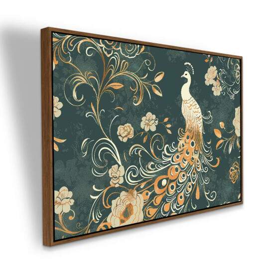 Quadro Arte Pavo Elegante com Flores e Arabescos em Dourado