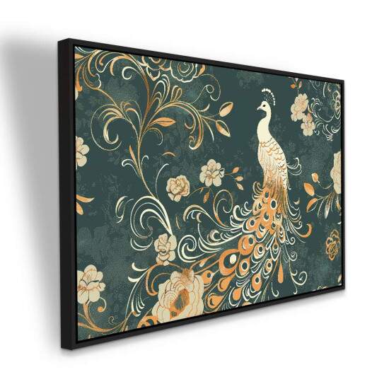 Quadro Arte Pavo Elegante com Flores e Arabescos em Dourado