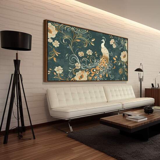 Quadro Arte Pavo Elegante com Flores e Arabescos em Dourado