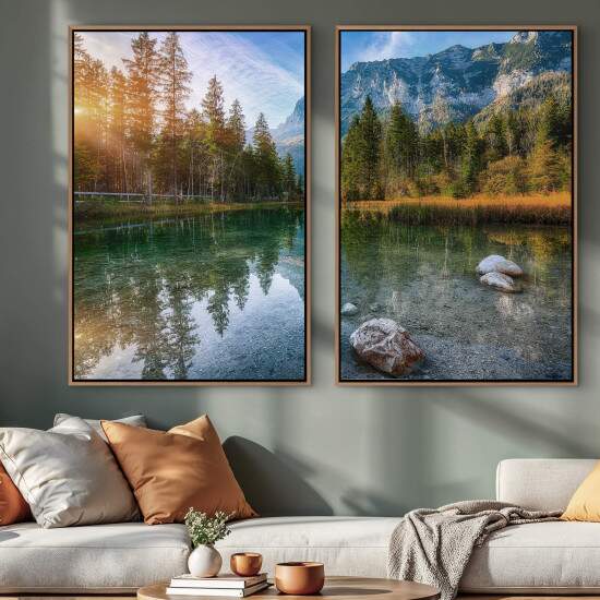 Quadro Paisagem Lago Refletido Montanhas e Floresta Natural