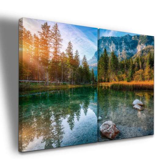 Quadro Paisagem Lago Refletido Montanhas e Floresta Natural
